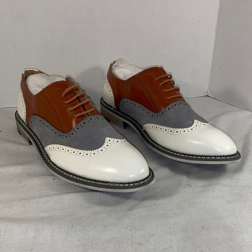 Weishimibang Mens Tri-Color Wingtip Oxford — White/Gray/Brown